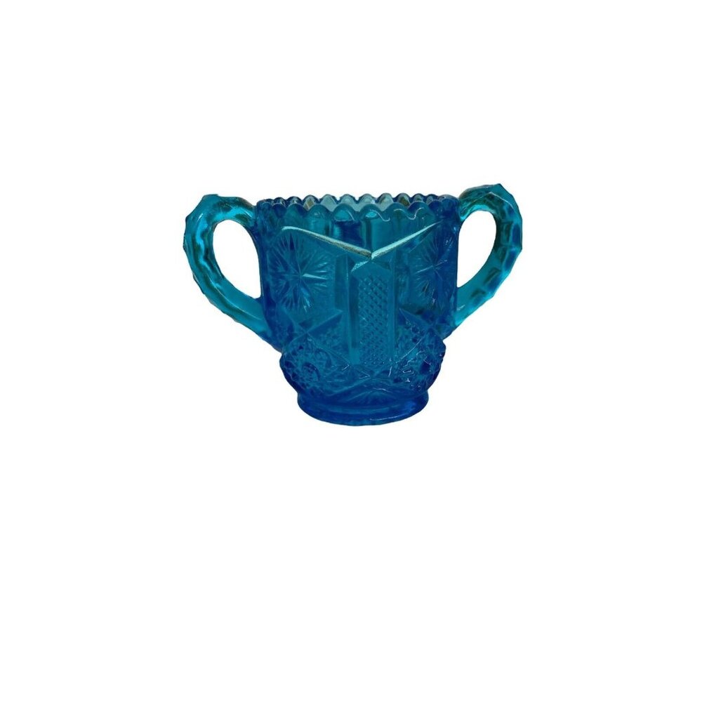 Vintage Blue Imperial Glass Star & Hub 2 Handled Toothpick Holder